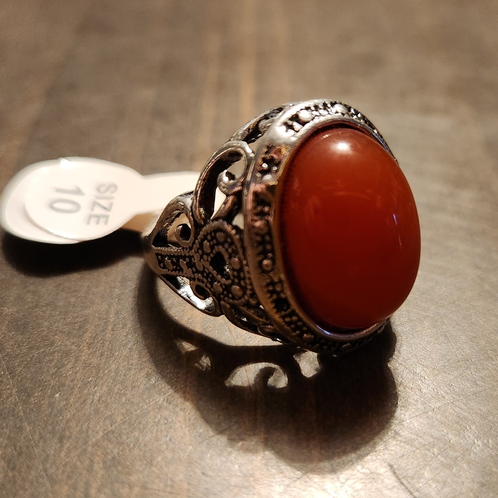 Vintage Costume Fashion Jewelry Silver-Tone Ring with Deep Orange Cabochon